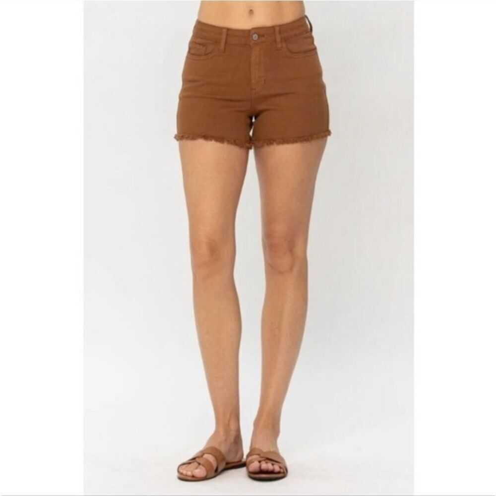 Judy Blue Mid Rise Cut Off Denim Jean Shorts Garment Dyed Brown Size 1XL
